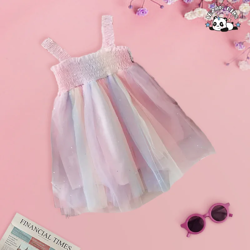 LEZONKIDS - 2024 High Quality Summer Sleeveless Girls Dress Rainbow Sweet Tulle Girls Dress Pressed Crepe Mesh Dress